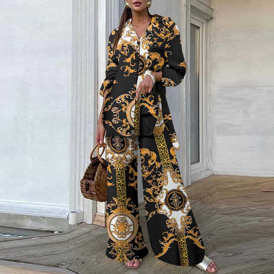 Dame To-delt Sett – Bluse med Knapper og V-hals – Vide Bukser med Mønstret Design