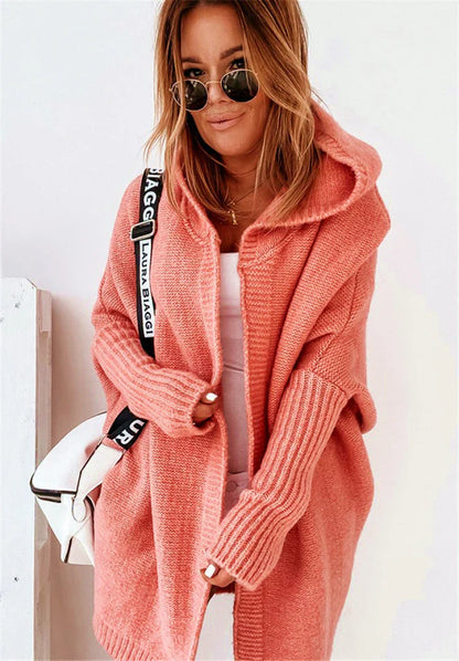 Women's Cardigan – Oversized Fit – Knitted Wool Blend – Hood and Open Front