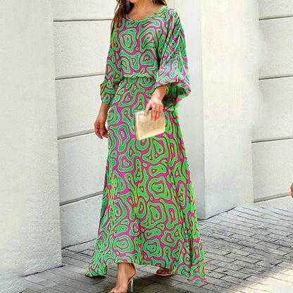 Women's Maxi Dress - Loose Fit - Round Neck - 3/4 Sleeves - Elegant Flowing Design