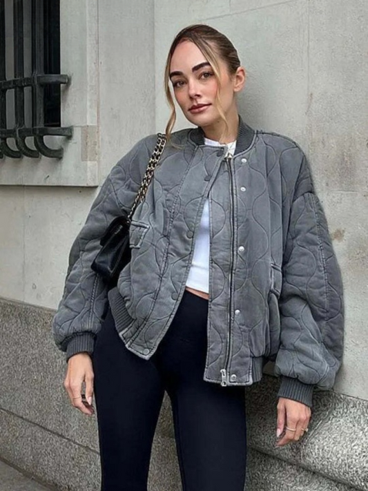 Women's Bomber Jacket - Quilted Fabric - Oversized Fit - Zipper Closure - Ribbed Edges