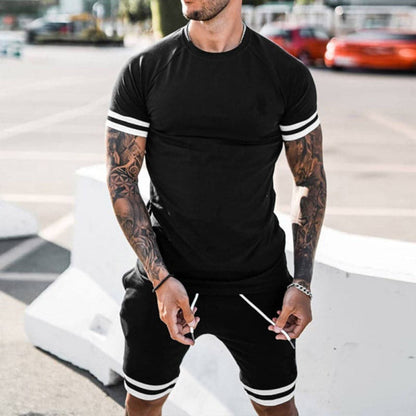 Men's Two-Piece Set - Short-Sleeved Round Neck T-Shirt - Elastic Drawstring Shorts