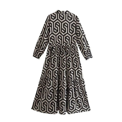 Women's Dress with Long Sleeves – Relaxed Fit – Tiered Cut – Geometric Pattern – Breathable Fabric