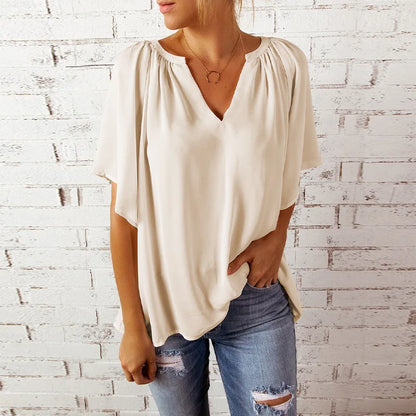 Women's Top with V-Neck – Loose Fit – Breathable Material – Short Sleeves