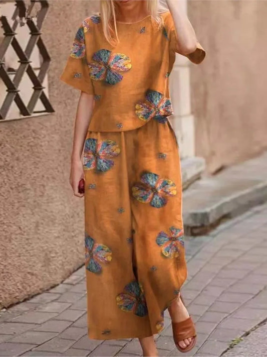Women's Pants with Wide Legs – Relaxed Fit – Natural Fibers – Printed Pattern – Full Length
