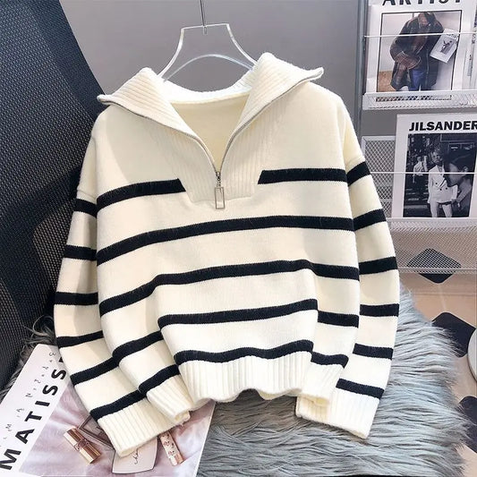 Women's Sweater - Cotton - Half Zipper - Stripes - Relaxed Fit