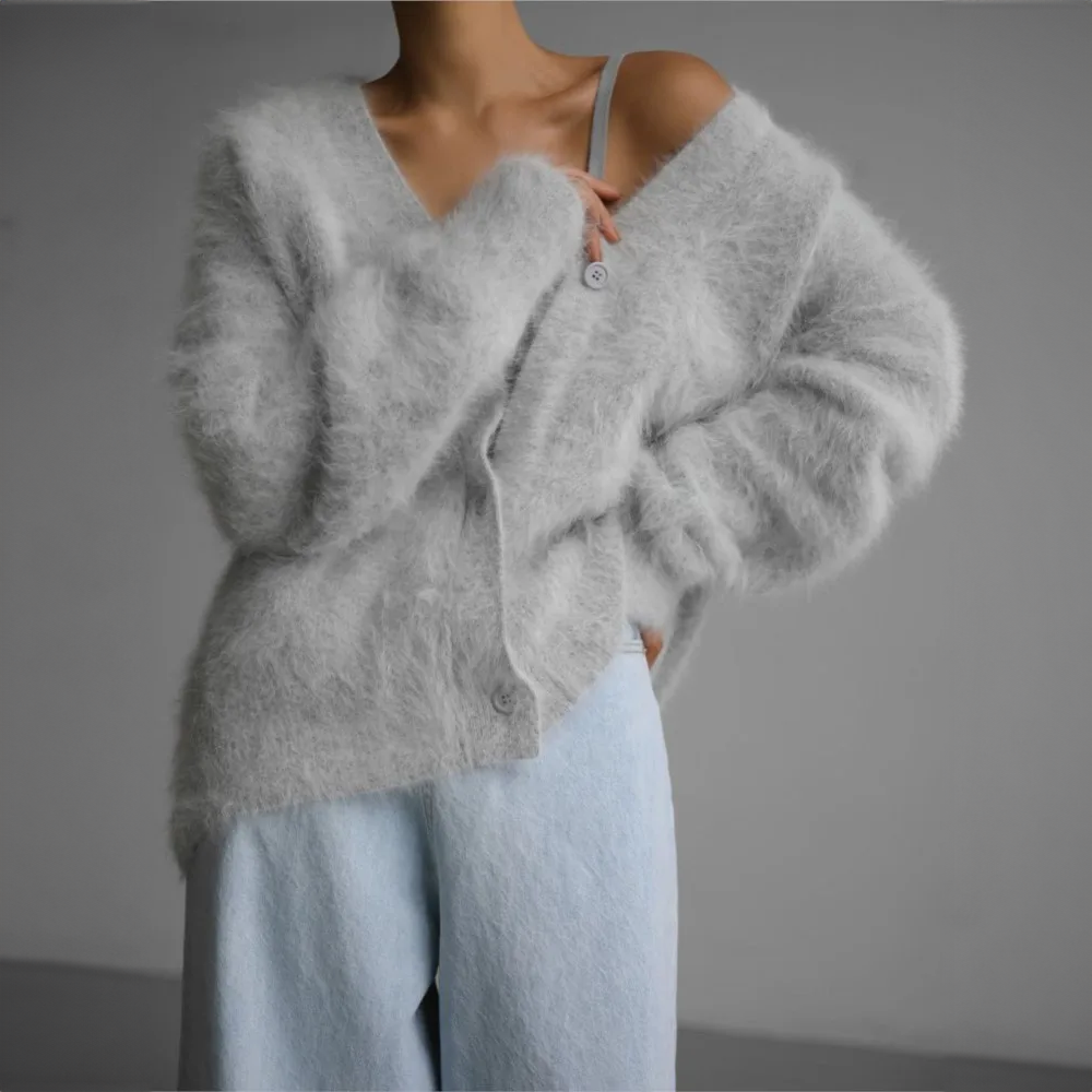 Women's Cardigan - Soft Mohair Blend - Oversized Fit - Open Front with Buttons