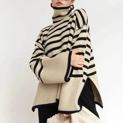 Women's Sweater with High Neck – Oversized Fit – Striped Ribbed Pullover