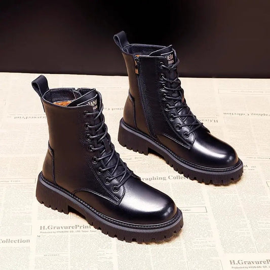 Dame Combat Boots – Skinn – Snøring og Glidelås – Tykk Gummisåle – Polstret Komfort