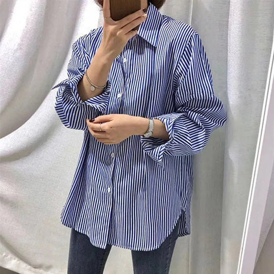 Women's Blouse – Oversized Fit – Vertical Stripes – Breathable Fabric – Long Sleeves