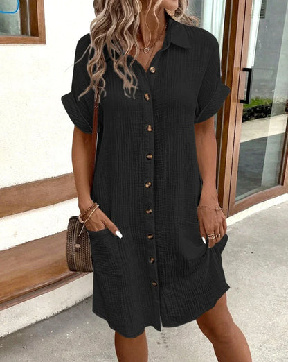 Women's Mini Dress – Natural Fibers – Relaxed Fit – V-neck – 3/4 Sleeves – Buttons – Pockets