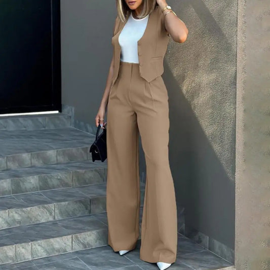 Women's Pantsuit – Tailored Sleeveless Vest – High Waist – Wide Legs – Luxurious Fabric