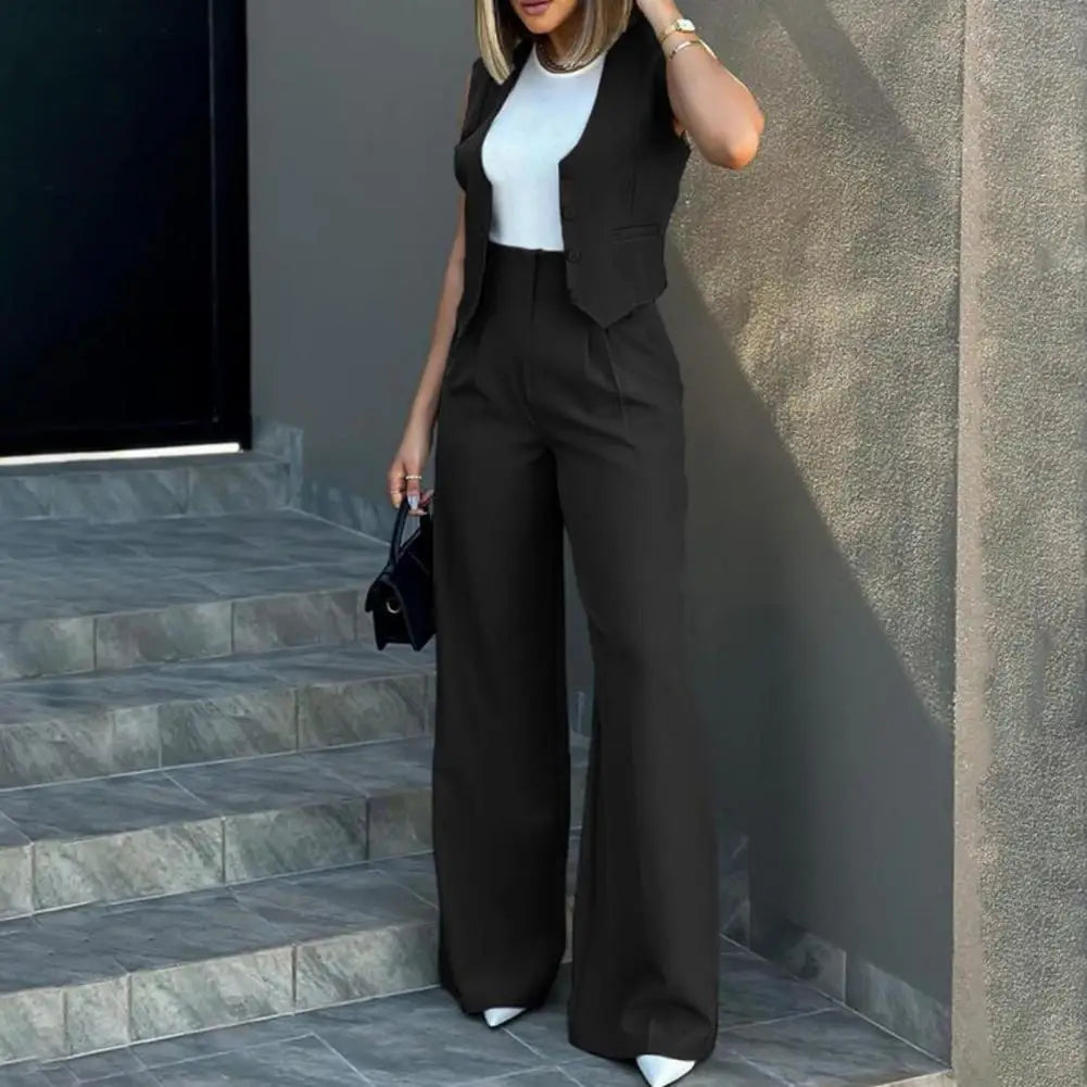 Women's Pantsuit – Tailored Sleeveless Vest – High Waist – Wide Legs – Luxurious Fabric