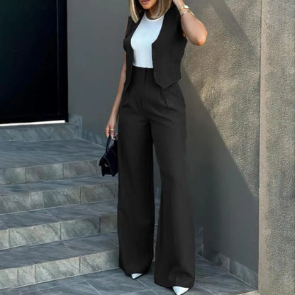 Women's Pantsuit – Tailored Sleeveless Vest – High Waist – Wide Legs – Luxurious Fabric