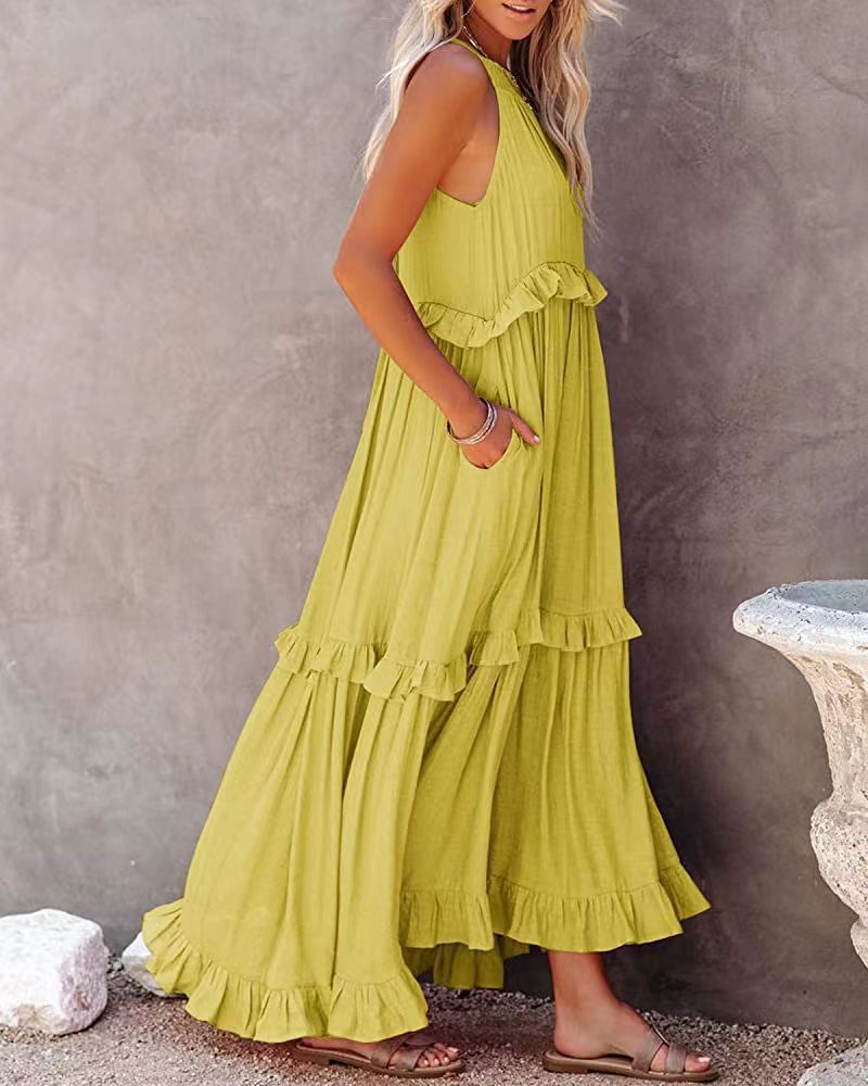 Dress for Women – Maxi Length – Halterneck – Ruffled Details – Natural Fibers