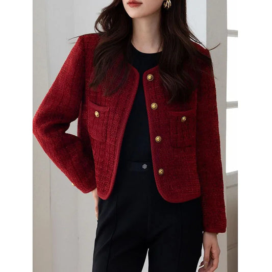 Women's Jacket – Tweed Texture – Boxy Fit – O-neck – Button Front – Short Model