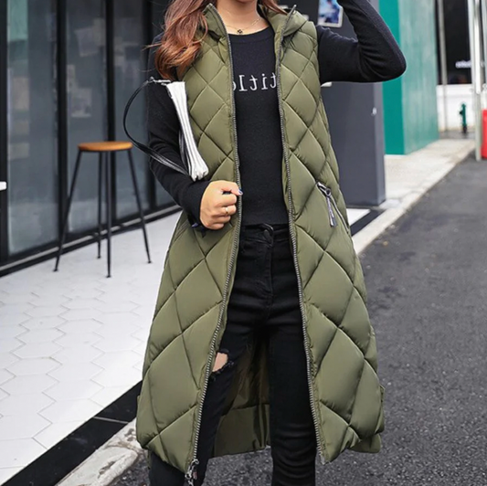 Women's Vest – Padded Long Model – Hood – Zipper – Relaxed Fit