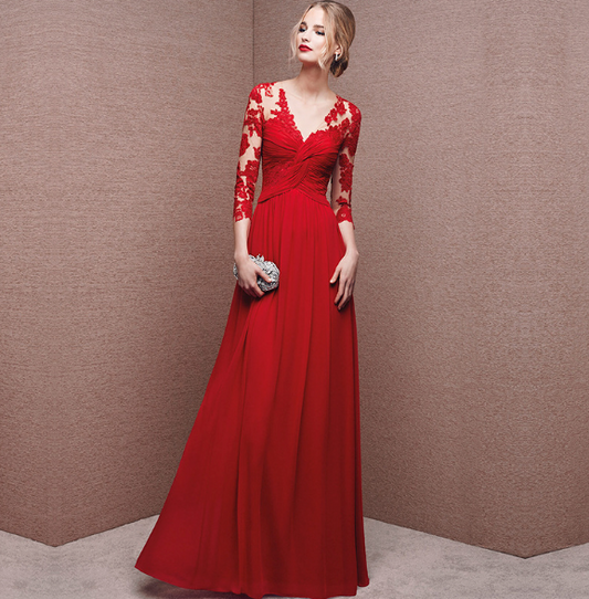 Dress for Women – Elegant Maxi Length – Lace Top – Ruched Waist – Long Sleeves