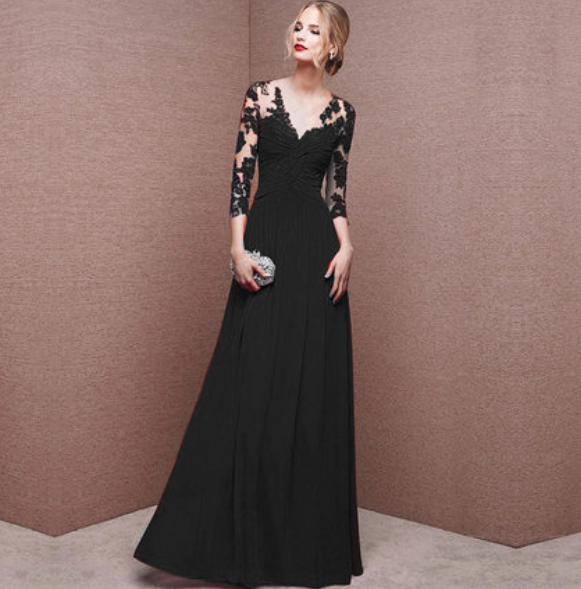 Dress for Women – Elegant Maxi Length – Lace Top – Ruched Waist – Long Sleeves