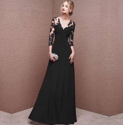 Dress for Women – Elegant Maxi Length – Lace Top – Ruched Waist – Long Sleeves