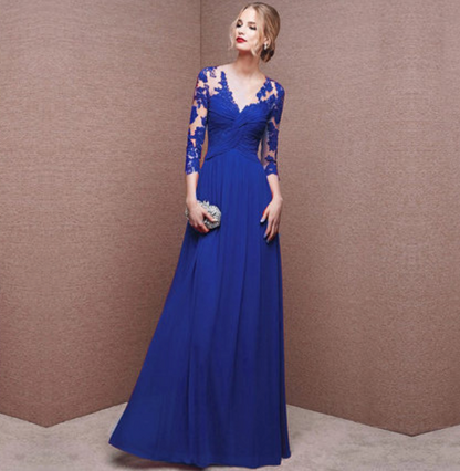 Dress for Women – Elegant Maxi Length – Lace Top – Ruched Waist – Long Sleeves