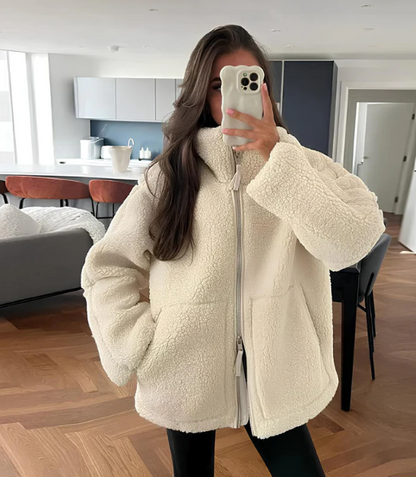 Women’s Coat - Fleece - Oversized Fit - Mid-Thigh Length - High Collar - Zipper Front
