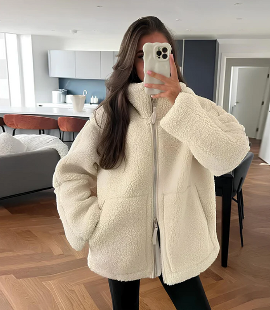 Women’s Coat - Fleece - Oversized Fit - Mid-Thigh Length - High Collar - Zipper Front