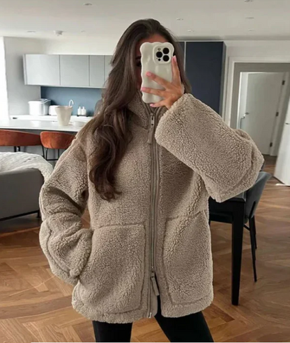 Women’s Coat - Fleece - Oversized Fit - Mid-Thigh Length - High Collar - Zipper Front