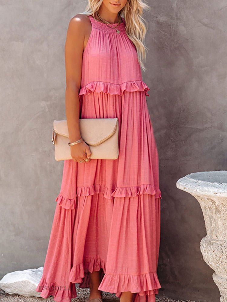 Dress for Women – Maxi Length – Halterneck – Ruffled Details – Natural Fibers