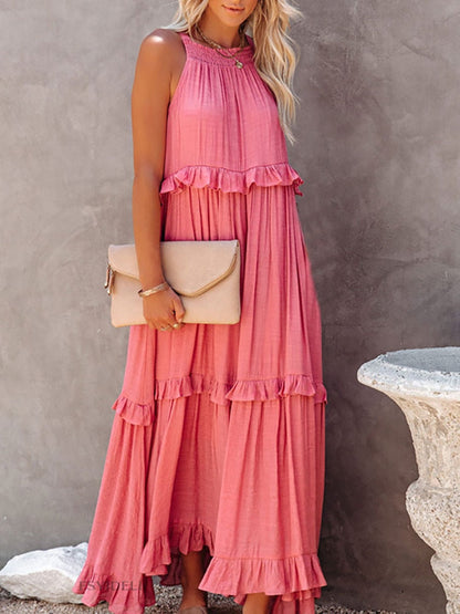 Dress for Women – Maxi Length – Halterneck – Ruffled Details – Natural Fibers