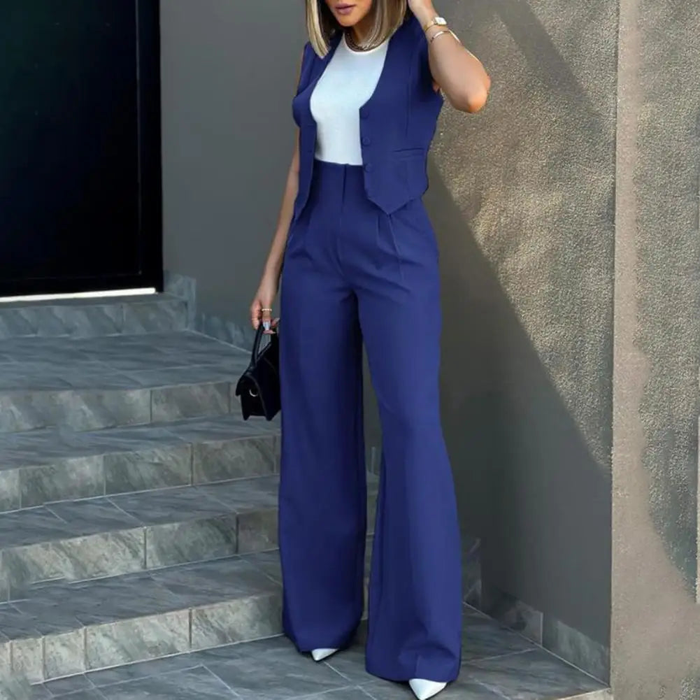 Women's Pantsuit – Tailored Sleeveless Vest – High Waist – Wide Legs – Luxurious Fabric