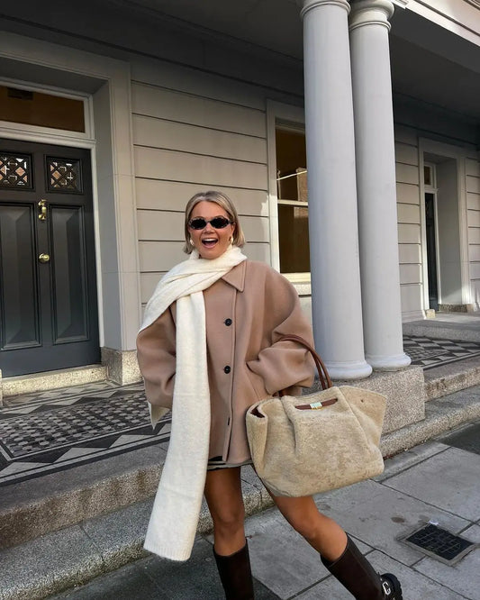 Women's Wool Coat - Oversized Fit - Wide Sleeves - Classic Collar - Button Closure