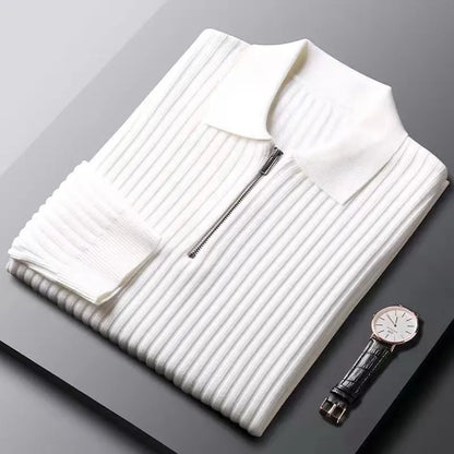 Men's Sweater – Wool – Half Zipper – Ribbed Knit – Polo Collar – Regular Fit