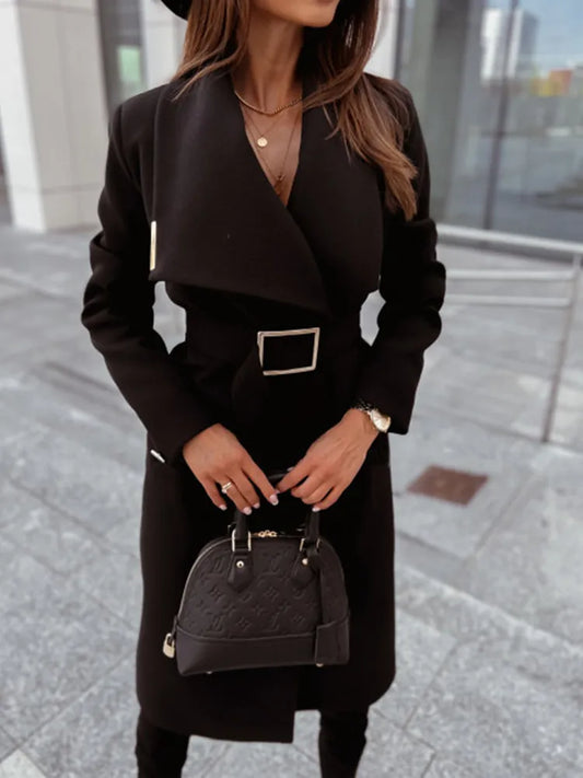 Coat for Women - Long and Tailored - Wide Collar - Fabric Belt with Buckle