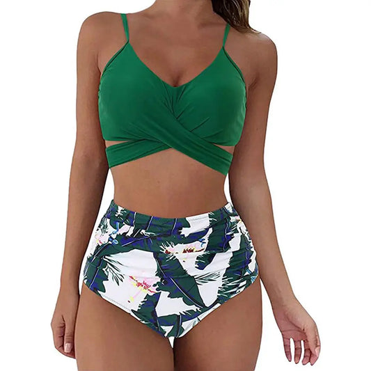 Women's Bikini Set – Cross-Front Top – High-Waisted Ruched Bottom – Soft Stretch
