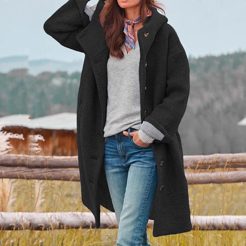Women's Coat - Oversized Fit - Knee-Length with Buttons and Wide Collar