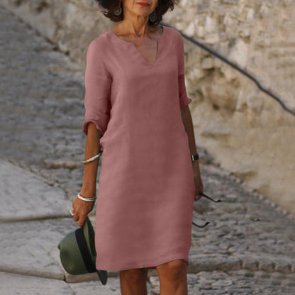 Women's Dress - Comfortable Fit - V-neck - 3/4 Sleeves - Versatile and Elegant