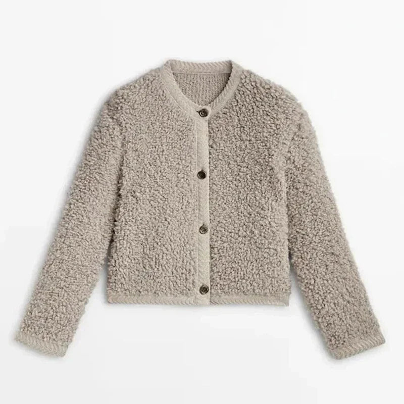 Women's Teddy Jacket – Oversized Fit – Plush Texture – Collarless With Buttons