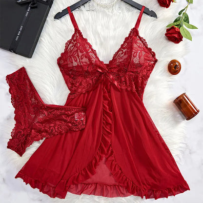 Women's Nightgown Set – Slim Fit – Lace V-Neck – Semi-Transparent – Ruffle Hem