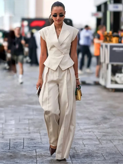 Women's Jumpsuit – Sleeveless V-neck Top – High Waist – Wide Legs – Luxurious Fabric