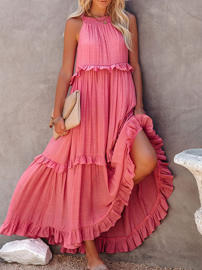 Dress for Women – Maxi Length – Halterneck – Ruffled Details – Natural Fibers