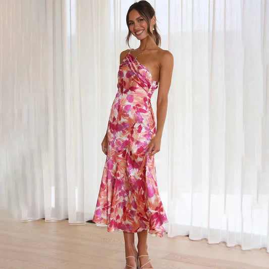 Dress for Women – Midi Length – One Shoulder – Tight Fit – Satin Look – Draped