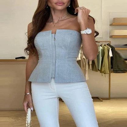 Women's Strapless Top – Figure-Hugging Fit – Zipper – Peplum – Textured Fabric