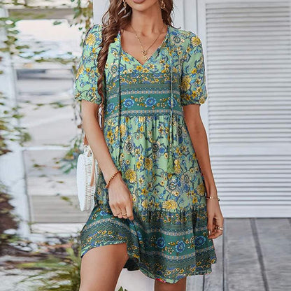 Women's Bohemian Dress - Short Sleeve - Loose Fit - V-neck - Floral & Paisley Pattern