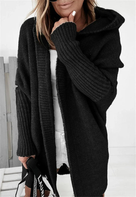 Women's Cardigan – Oversized Fit – Knitted Wool Blend – Hood and Open Front