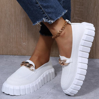 Women's Loafers - Chunky Platform Sole - Flexible Knitted Upper - Decorative Chain