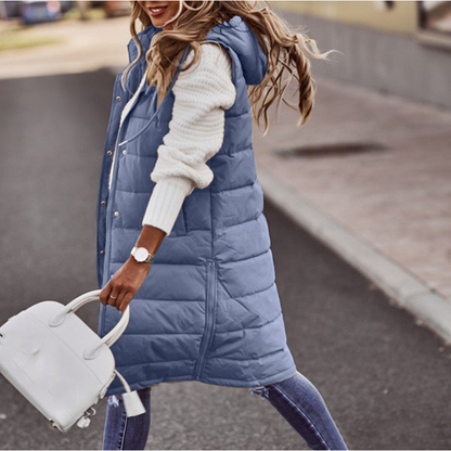 Women's Vest with Hood – Padded – Long Fit – Relaxed Cut – Snap Buttons