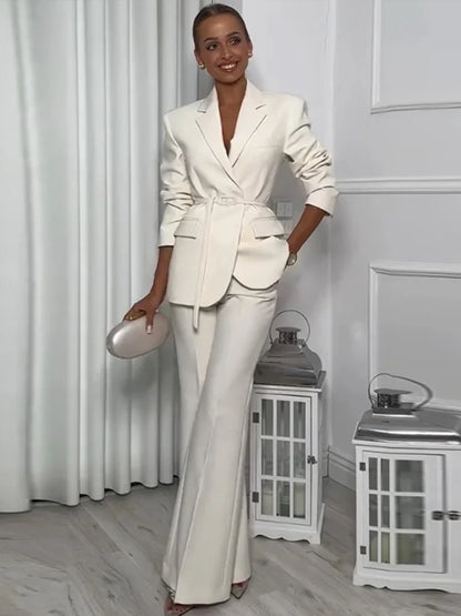 Women's Pantsuit – Blazer with Belt – Wide Pants – Luxurious Fabric