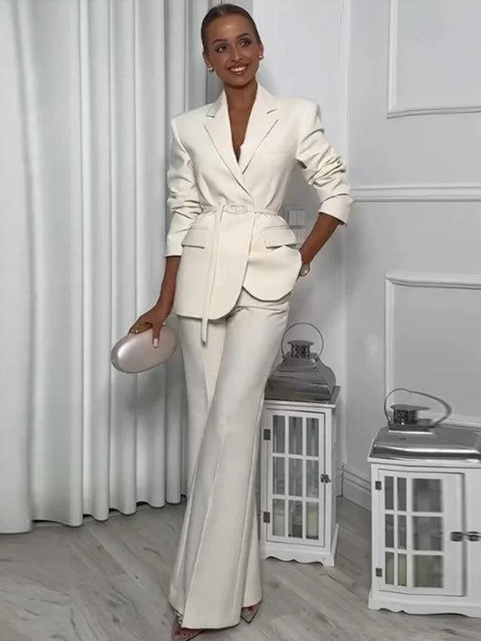 Women's Pantsuit – Blazer with Belt – Wide Pants – Luxurious Fabric