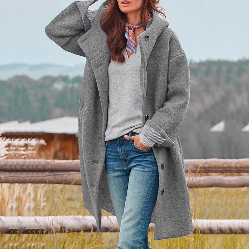 Women's Coat - Oversized Fit - Knee-Length with Buttons and Wide Collar
