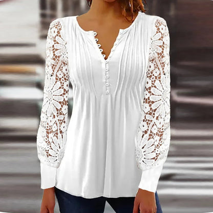 Women's Blouse – Relaxed Fit – Lace Sleeves – Scalloped V-Neck – Soft Knit